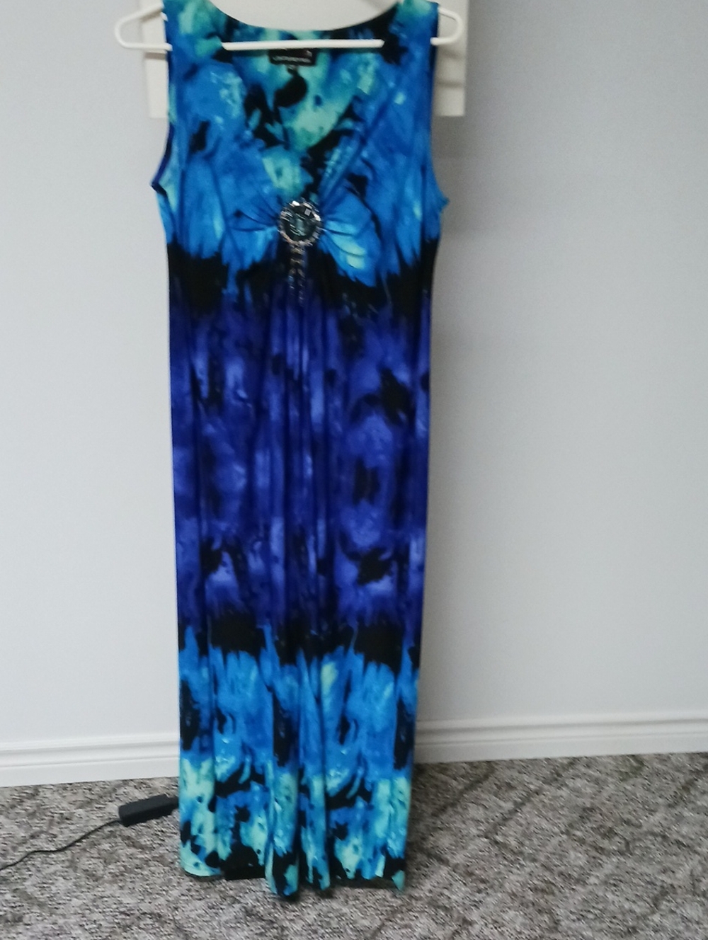 Blue Tie-Dye Maxi Dress with Embellished Accent